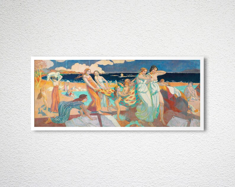 May include: A painting depicting a group of people on a beach. The figures are dressed in colourful clothing and are standing in a line. The beach is sandy and there is a blue sea in the background.