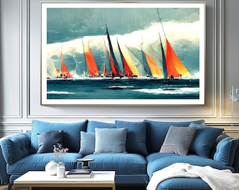 May include: A painting depicting a fleet of sailboats with red, yellow and blue sails on a blue body of water. The sailboats are sailing in a line, with the largest sailboat in the centre of the image. The sky is a light blue with white clouds.
