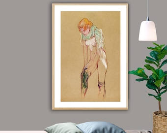 Woman Pulling up Her Stocking  by Henri de Toulouse Lautrec, Art Nouveau Print, Impressionist Poster, Figurative Wall Décor