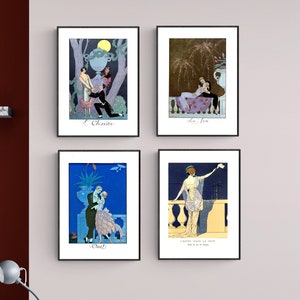 Set di 4 (30% SCONTO) Stampe d'arte della Collezione George Barbier Love and Lovers - Stampa su carta poster o tela / Idea regalo / Decorazione da parete