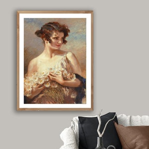 Lady with Daises Bouquet by Leopold Schmutzler Fine Art Print - Poster Paper or Canvas Print / Gift Idea / Wall Decor