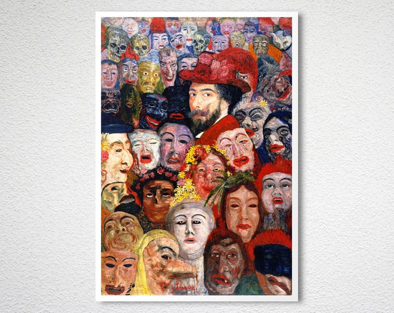 Self Portrait with Masks by James Ensor Fine Art Print Expressionist Art, Symbolist Painting, Colorfuf Decor image 3