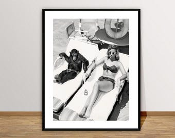 Chimpanzee and a Woman Sunbathing Vintage Photo Print