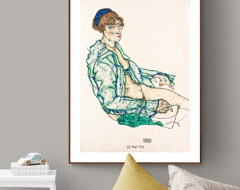 エゴン・シーレ - 長い黒髪と黒青のドレープをまとった裸の少女（1911