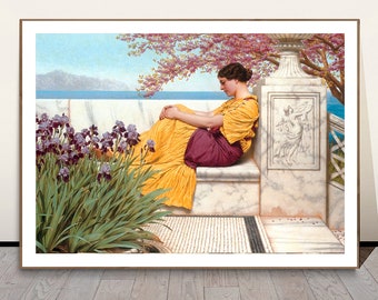 Lámina artística de John William Godward: Mujer clásica, árbol en flor (póster o lienzo)