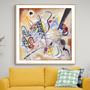 May include: Abstract painting with a white background and colorful lines, circles, and shapes. The painting is framed in a wooden frame.