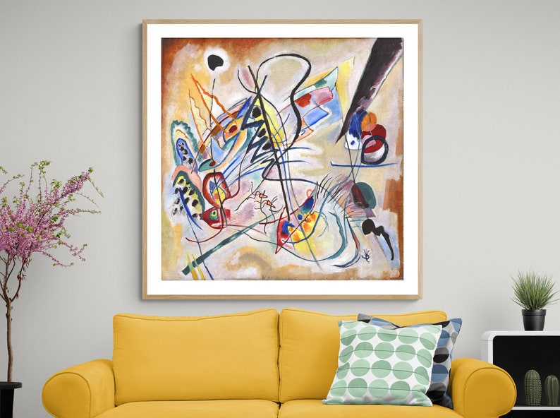 May include: Abstract painting with a white background and colorful lines, circles, and shapes. The painting is framed in a wooden frame.