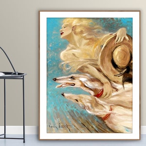 Elegante aux Deux Levriers by Louis Icart  Fine Art Print  - Figurative Painting / Parisian  Gift Idea / Art Deco Wall Decor