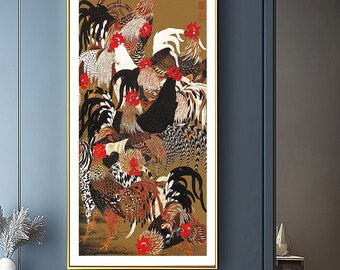 伊藤若冲（1716-1800） - 紫陽花を添えた雄鶏と雌鶏のキャンバス