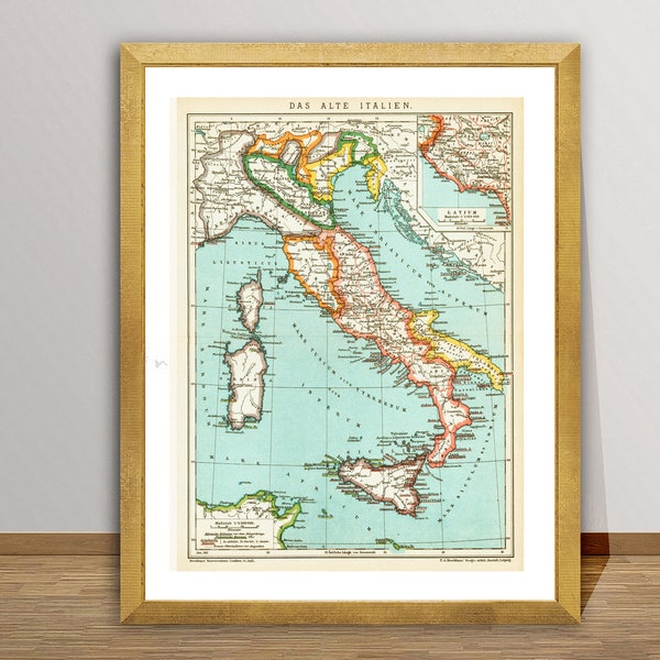 Italy Antique Map, 1911 for the 14th edition of Brockhaus Konversations-Lexikon in Leipzig, Germany - Poster  or Canvas Print / Gift Idea
