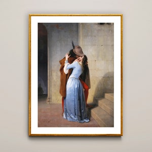 Kiss autorstwa Francesco Hayez, plakat artystyczny, dzieło sztuki romantycznej, romantyczny wystrój, druk figuratywny, malarstwo ikoniczne, malarstwo kochanków