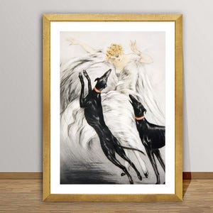 Elegant Lady with Greyhound Dogs by Louis Icart  Fine Art Print  - Art Deco Movement, Modern Art, Fashion Illustration