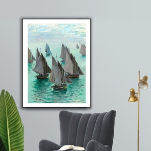 Bateaux de Pêche、Temps Calme by Claude Monet、ファインアートプリント、海景ポスター、印象派アートワーク、セーリングウォールデコレーション、ネイチャーウォールアート
