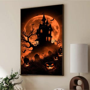 満月のあるお化け屋敷のキャンバス、ハロウィンのカボチャ畑の壁画、不気味な夜の風景、ゴシックハロウィンの装飾、ぞっとするような風景
