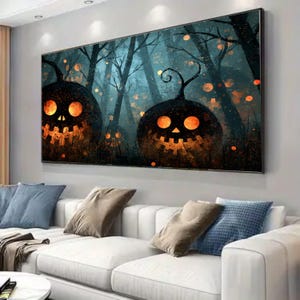 Spooky Pumpkins in Haunted Forest Canvas, Halloween Wall Art, Glowing Jack-o’-Lanterns Canvas, Dark Forest Decoration, Seasonal Home Décor