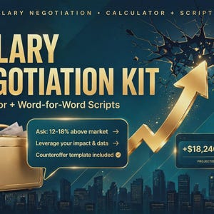 May include: A digital graphic for a Salary Negotiation Kit featuring a gold briefcase, a rising gold arrow breaking through a dark surface, and text including Salary Negotiation Kit, Calculator + Word-for-Word Scripts, and projected salary gain.