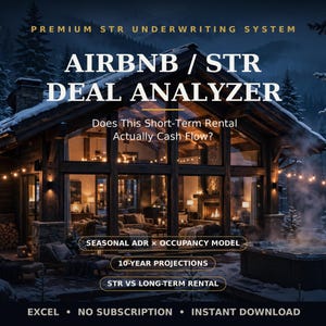 May include: A digital product advertisement titled PREMIUM STR UNDERWRITING SYSTEM AIRBNB / STR DEAL ANALYZER. It features a snowy cabin scene with text overlays: Does This Short-Term Rental Actually Cash Flow?, SEASONAL ADR X OCCUPANCY MODEL, 10-YEAR PROJECTIONS, STR VS LONG-TERM RENTAL, EXCEL, NO SUBSCRIPTION, INSTANT DOWNLOAD.