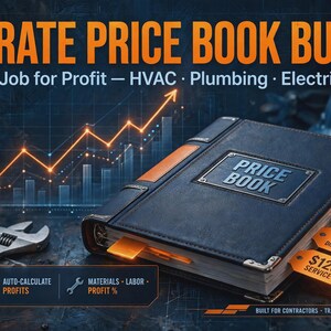 May include: A dark blue binder labeled PRICE BOOK with orange accents and four orange tabs marked with prices and service types. The background features a glowing orange growth chart, a hard hat, and a wrench on a dark blue grid pattern.