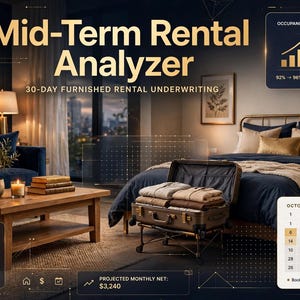 May include: A digital dashboard titled Mid-Term Rental Analyzer featuring 30-day furnished rental underwriting data, an occupancy trend chart, an October 2024 occupancy calendar, and an 8.4% cash-on-cash return metric overlaid on a furnished bedroom.