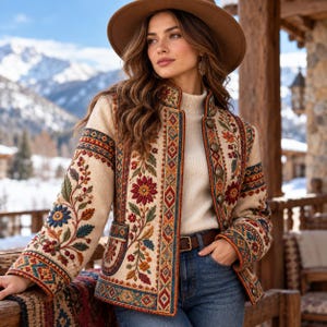 May include: A cream-colored jacket featuring intricate floral and geometric embroidery in shades of red, blue, green, and orange. The jacket has a high collar, long sleeves, and metallic buttons down the front, worn over a cream sweater and blue jeans.