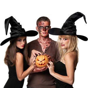 May include: Two black satin witch hats with wide brims and pointed, slightly slumped crowns. The hats feature a smooth, reflective fabric texture and a classic conical shape, designed to be worn as part of a costume for Halloween festivities.
