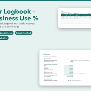 May include: A digital car logbook template for business use percentage calculation, featuring Excel and Google Sheets compatibility. The interface displays a 12-week trip tracker and an expense summary sheet with built-in formulas for tax claims.