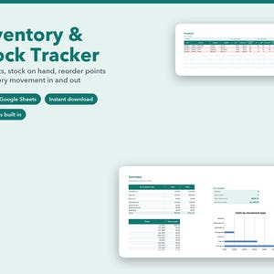 Può includere: Un modello di foglio di calcolo digitale Inventory & Stock Tracker per Excel e Google Sheets. L'interfaccia presenta testo verde scuro su sfondo chiaro, visualizzando tabelle di dati sui prodotti, grafici di riepilogo e metriche di tracciamento.
