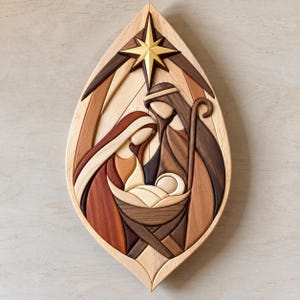 May include: A teardrop-shaped wooden wall art piece featuring a multi-toned nativity scene. The marquetry design displays figures in light, medium, and dark wood grains, topped with a prominent, sharp-edged golden star at the apex of the frame.