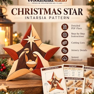May include: A wooden Christmas star intarsia pattern featuring a nativity scene with Mary, Joseph, and the infant Jesus. The set includes detailed PDF plans, step-by-step instructions, cutting lists, and joinery details with a 40 cm by 20 cm construction sketch.