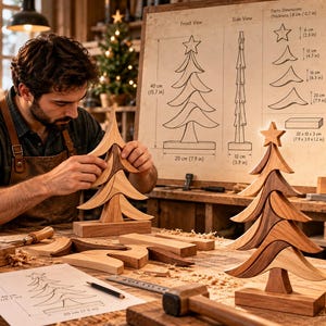 May include: A wooden Christmas tree puzzle featuring stacked, curved branches in light and dark wood tones, topped with a star. A technical drawing displays dimensions of 15.7 inches in height, 7.9 inches in width, and 3.9 inches in depth.