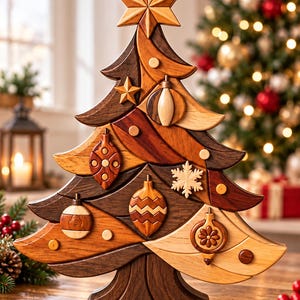 Könnte beinhalten: Eine dekorative Weihnachtsbaumskulptur aus Holz in verschiedenen Brauntönen. Der Baum ist mit einem Stern an der Spitze und mehreren eingelegten Holzornamenten wie Kugeln, einer Schneeflocke und Sternen mit glatter Oberfläche verziert.
