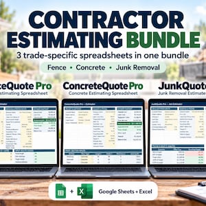 Op de afbeelding: Een digitaal pakket met drie calculatiebladen voor aannemers voor hekwerk, beton en afvalverwijdering. De weergave toont drie laptops met de interfaces van FenceQuote Pro, ConcreteQuote Pro en JunkQuote Pro, plus Google Sheets- en Excel-pictogrammen.