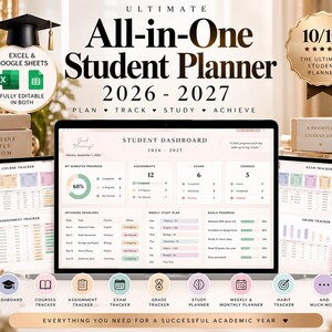 May include: A digital student planner for 2026-2027 displayed on a laptop and two tablets. The interface features a student dashboard, course tracker, assignment tracker, exam tracker, and grade tracker with pastel-coloured charts and progress bars.