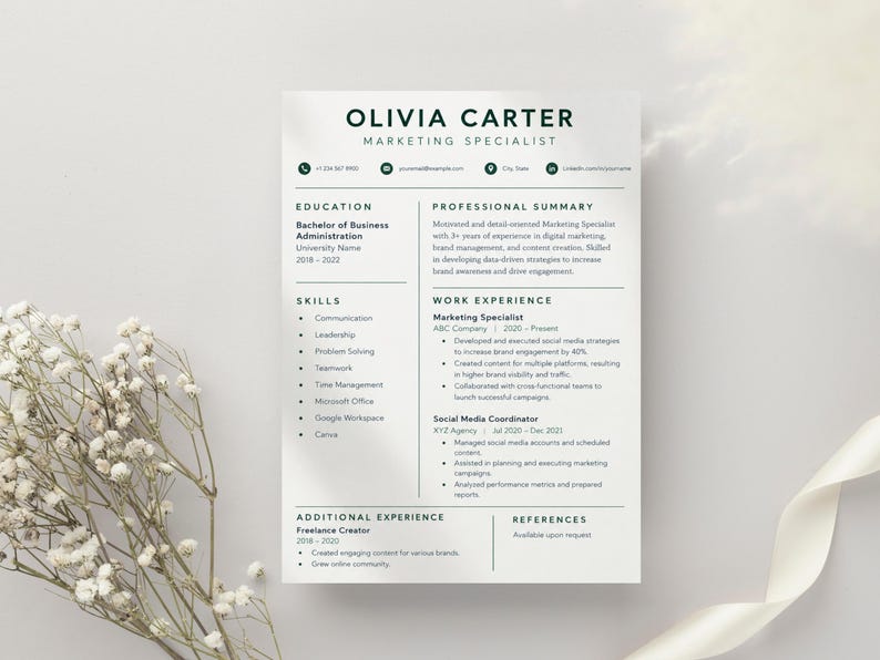Modern Canva Resume Template, Editable Green CV Design, Marketing ...