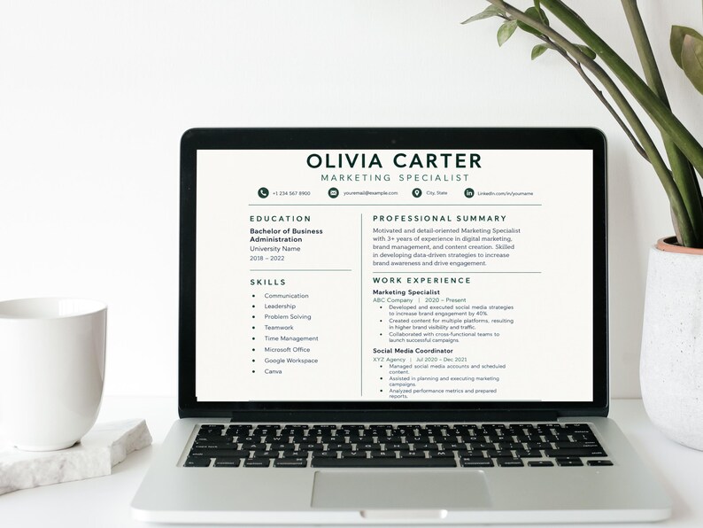Modern Canva Resume Template, Editable Green CV Design, Marketing ...