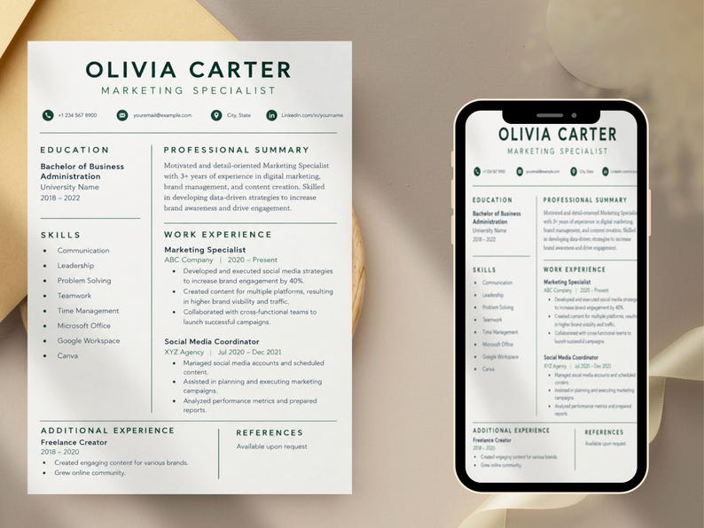 Modern Canva Resume Template, Editable Green CV Design, Marketing ...