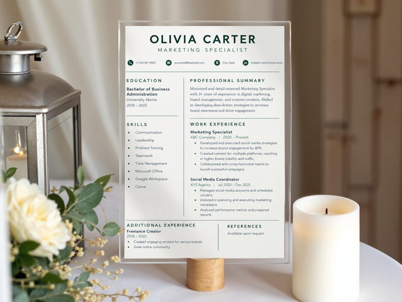 Modern Canva Resume Template, Editable Green CV Design, Marketing ...