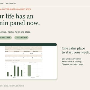 Puede incluir: Una interfaz de panel digital Life Admin OS con el texto: Garbyn Studio, Life Admin OS, Less mental clutter. More clear next steps. Your life has an admin panel now. Bills, Renewals, Tasks. All in one place. 16 connected tabs, live charts y una tabla de datos con gráficos de barras.