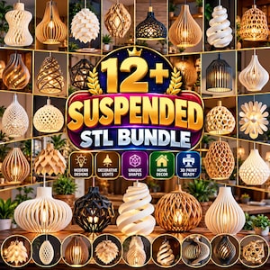 May include: A digital collection of 12+ suspended pendant light designs for 3D printing, featuring various geometric, lattice, and organic shapes in wood-toned, white, and black finishes, with the text 12+ SUSPENDED STL BUNDLE.