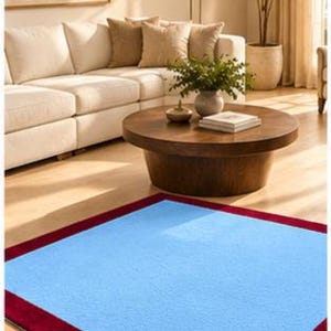 Sky Blue Rug with Maroon Border, Handmade Rectangular Area Rug, Modern Minimalist Carpet, Living Room Rug, Bedroom Floor Rug