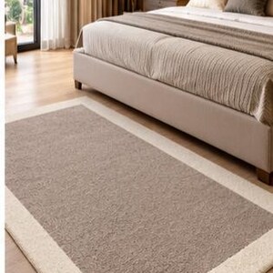 Taupe Brown and Cream Area Rug, Modern Border Rug, Neutral Bedroom Carpet, Minimalist Living Room Rug, Contemporary Rectangular Rug