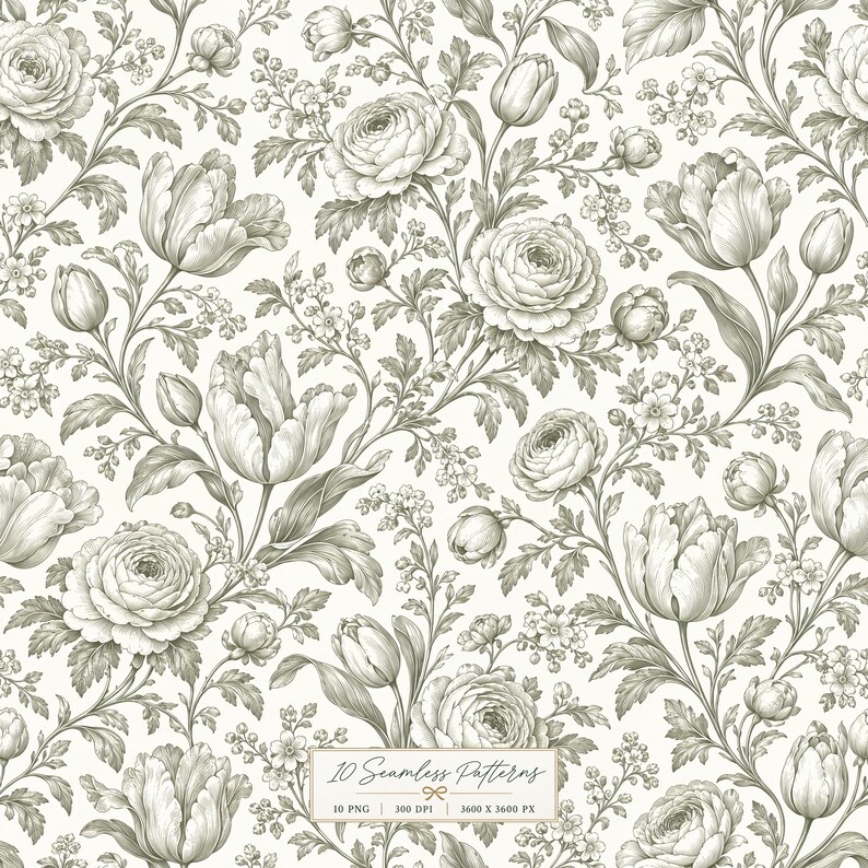 Retro Botanical Pattern Sage Green Floral Toile Patterns, Vintage Botanical Designs, Digital ...