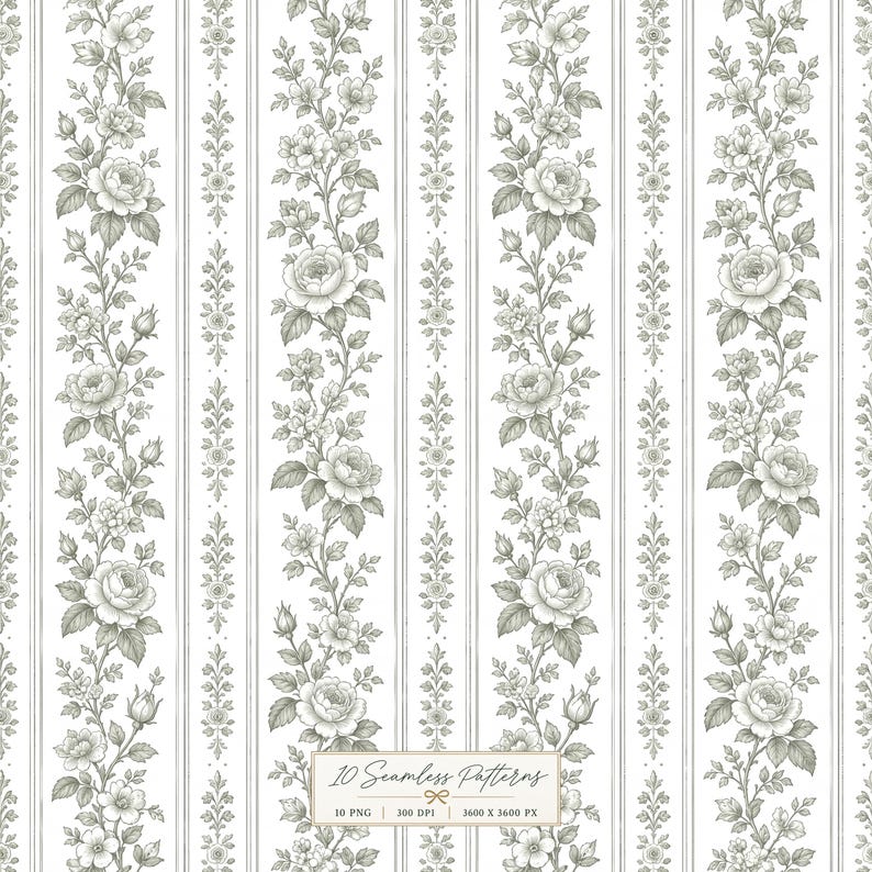 Retro Botanical Pattern Sage Green Floral Toile Patterns, Vintage Botanical Designs, Digital ...