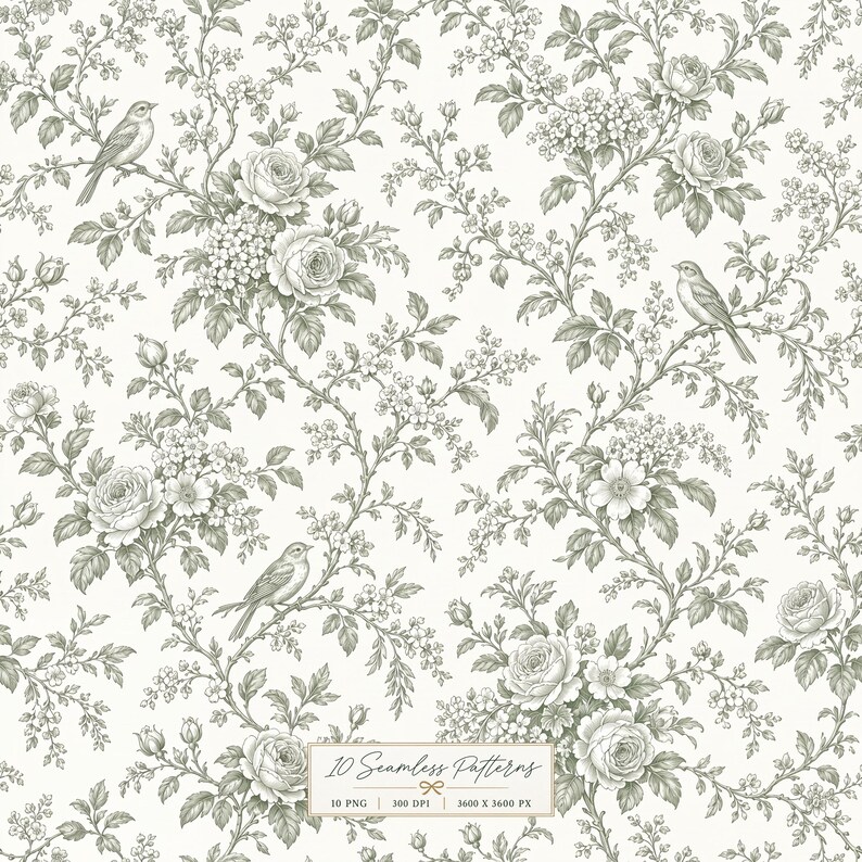 Retro Botanical Pattern Sage Green Floral Toile Patterns, Vintage Botanical Designs, Digital ...