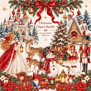 Puede incluir: Un paquete de imágenes prediseñadas navideñas digitales con una colección festiva vintage. La imagen muestra un castillo, una casa de jengibre, un cascanueces, un muñeco de nieve, un reno, un cisne, un tren y texto.