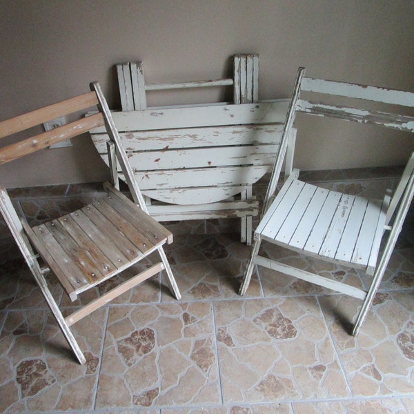 RESERVED for Christine  Vintage Wooden Folding Chairs and Table - Complete Patio Set - Cottage Chic