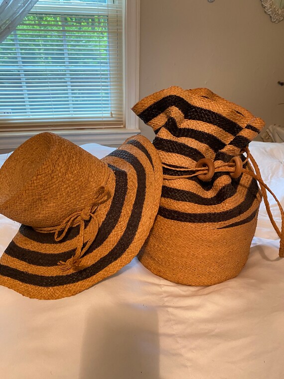 Vintage Italian Straw Bucket Bag and Matching Hat