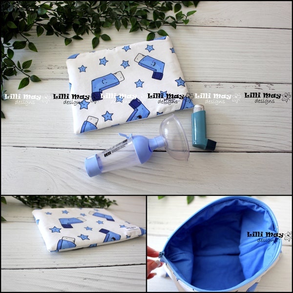 Asthma Storage Bag // Inhaler & Spacer Storage Zippered PADDED Pouch - Pink or Blue options  // other fabrics available