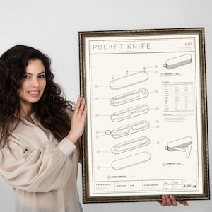 May include: A framed technical blueprint poster titled POCKET KNIFE A-301, featuring an exploded view diagram of a multi-tool with various components labeled, technical specifications, and assembly instructions on a light background with dark lines.
