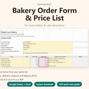 Bestellformular-Vorlage für Bäckereien mit Preisliste, Google Sheets und Excel, individuelles Bestellformular für Hobbybäcker